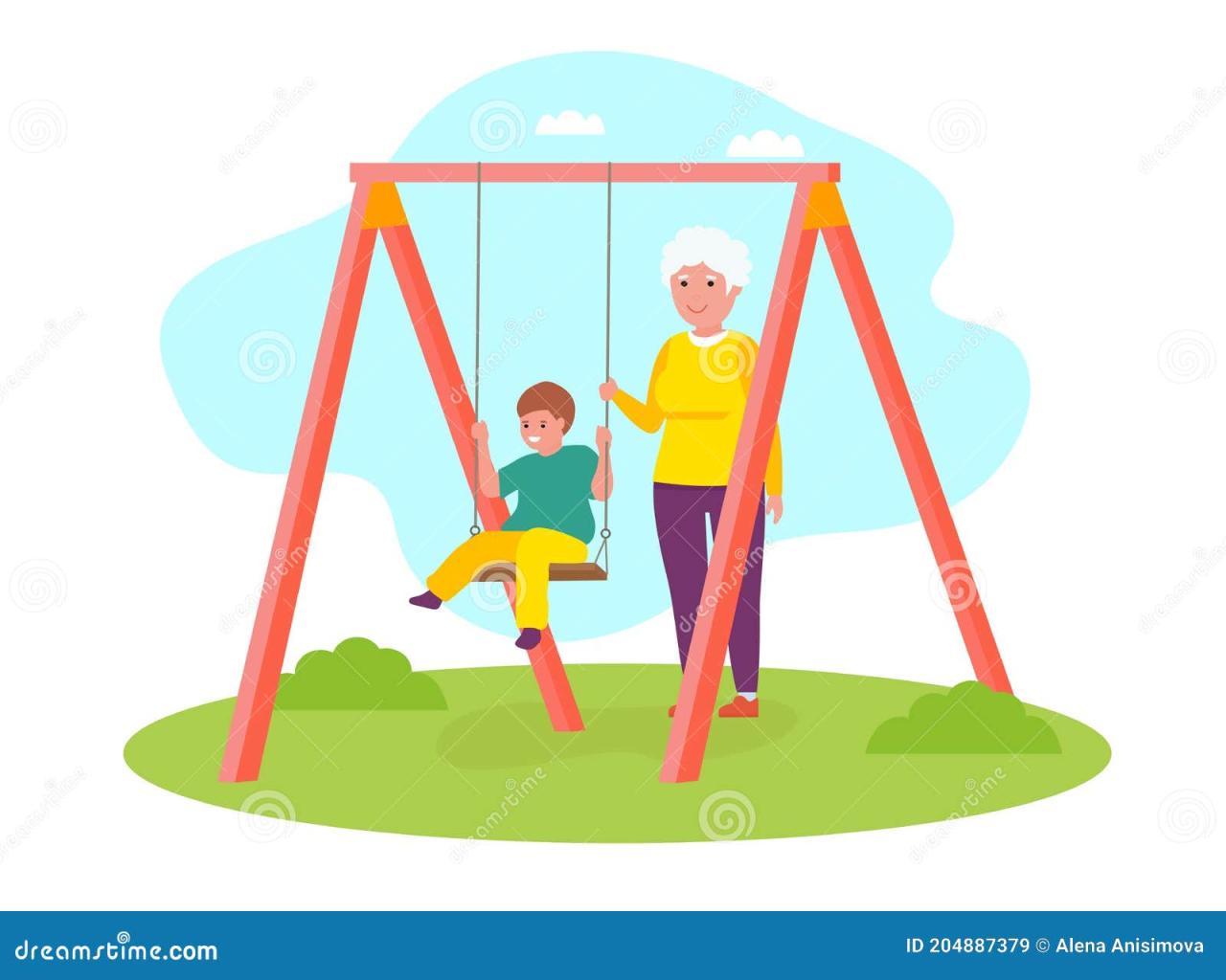Happy Grandson Kid Having Fun on Swing with Grandmother. Stock ... Current Fashion Trends That Are Surprisingly Affordable
